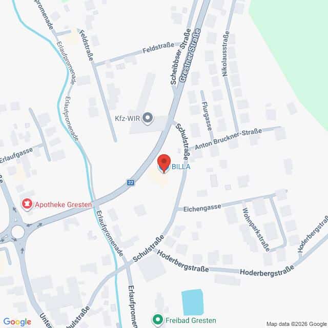 Lehrlingsportal.at Karte mit der Lage von BILLA in der Schulstraße in Gresten, Österreich, in der Nähe von Apotheke Gresten und Freibad Gresten, mit Beschriftung der umliegenden Straßen.