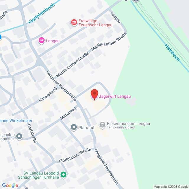 Lehrlingsportal.at Eine digitale Karte zeigt die Lage des Jägerwirt Lengau in Lengau, Österreich, markiert durch eine rote Stecknadel inmitten von Straßen und Sehenswürdigkeiten.