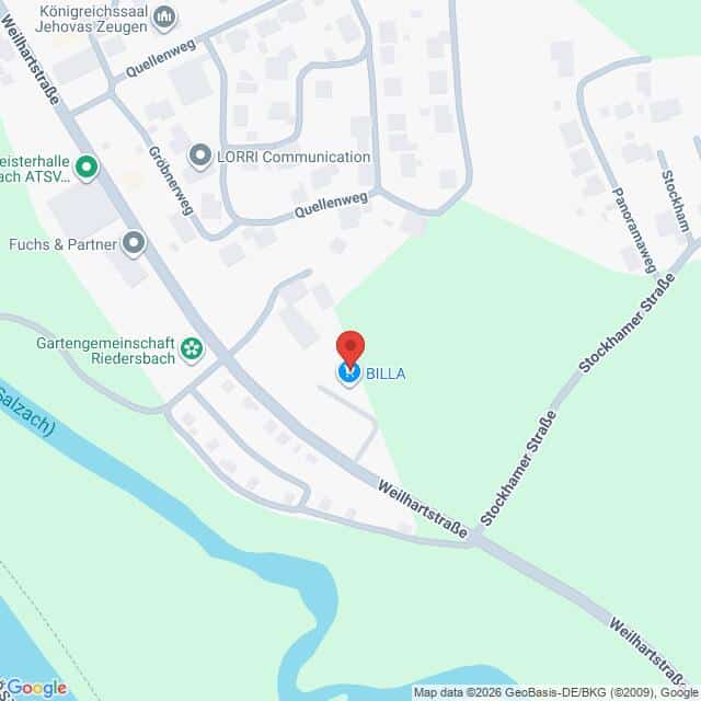 Lehrlingsportal.at Die Karte zeigt den Standort von BILLA in der Weilhartstraße in einem Viertel mit mehreren nahe gelegenen Straßen und Geschäften, das im unteren Bereich von einem Fluss begrenzt wird.