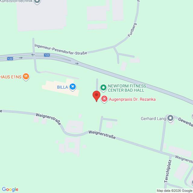 Lehrlingsportal.at Eine Karte zeigt die Lage der Augenpraxis Dr. Rezanka in der Nähe von Weignerstraße und Ingenieur-Pesendorfer-Straße in Bad Hall, Österreich. Nahe gelegene Wahrzeichen sind BILLA und NEWFORM FITNESS CENTER.