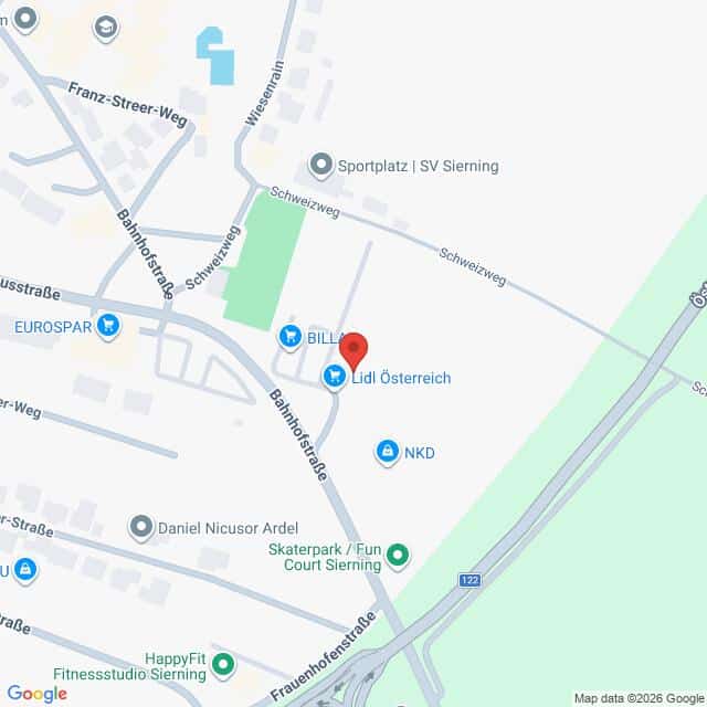 Lehrlingsportal.at Eine digitale Karte, die den Standort von Lidl Österreich in Sierning, Österreich, mit nahe gelegenen Straßen und Sehenswürdigkeiten anzeigt.