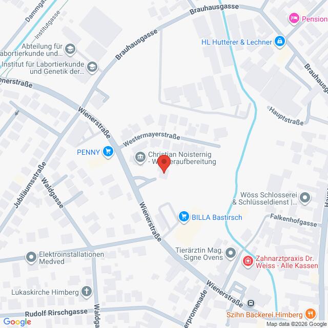 Lehrlingsportal.at Eine Karte, die die Kreuzung Wienersstraße/Westermayerstraße zeigt, mit nahegelegenen Sehenswürdigkeiten wie einem PENNY-Laden, BILLA Bastisch und verschiedenen lokalen Geschäften.