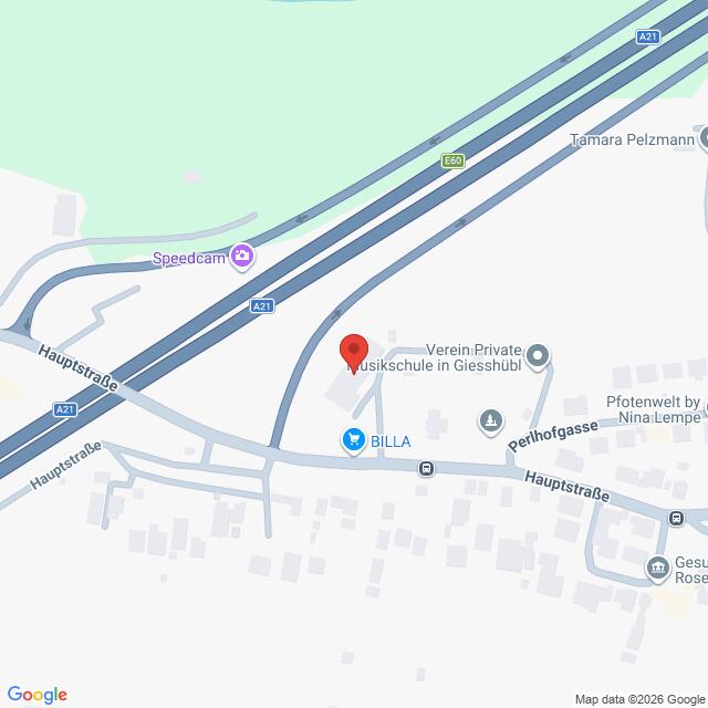 Lehrlingsportal.at Karte mit der Lage der Musikschule in Gießhübl, Österreich, in der Nähe der Hauptstraße und der Autobahn A21, mit Beschriftung der nahe gelegenen Sehenswürdigkeiten.
