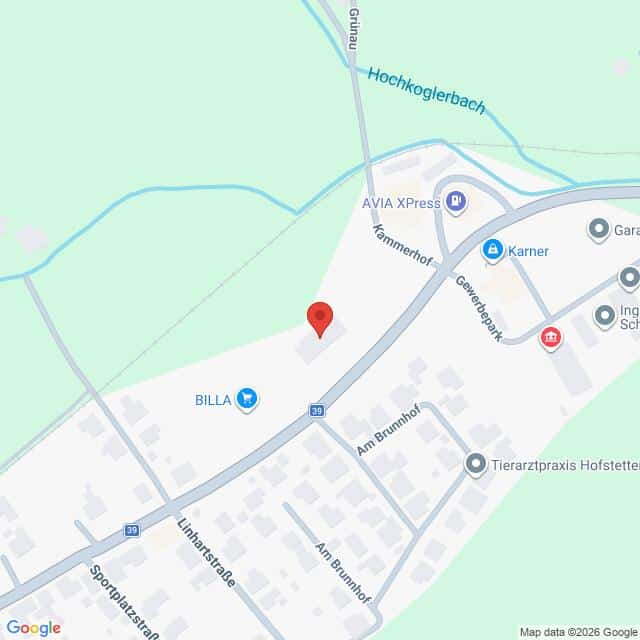 Lehrlingsportal.at Die Kartenansicht zeigt einen mit einer roten Stecknadel markierten Standort in der Nähe der Straße Gewerbepark, in der Nähe von AVIA XPress und BILLA in einem halbstädtischen Gebiet mit sichtbaren Straßen und beschrifteten Geschäften.