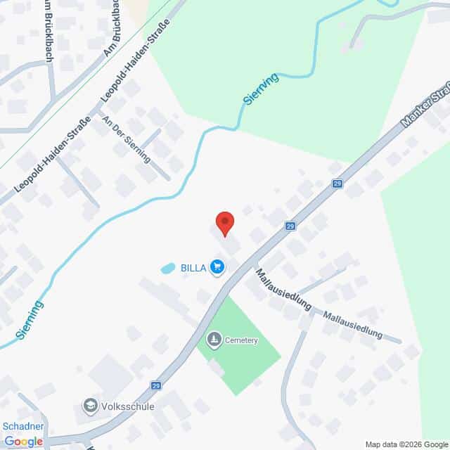 Lehrlingsportal.at Die Karte zeigt einen mit einer roten Stecknadel markierten Ort in der Nähe von BILLA, einem Friedhof und einer Schule in einem Wohngebiet mit nahe gelegenen Straßen und einem Fluss namens Sierning.