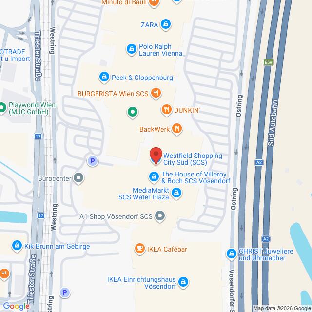 Lehrlingsportal.at Karte mit der Lage der Westfield Shopping City Süd (SCS) in Vösendorf, Österreich, mit Markierung der nahe gelegenen Geschäfte und Sehenswürdigkeiten.