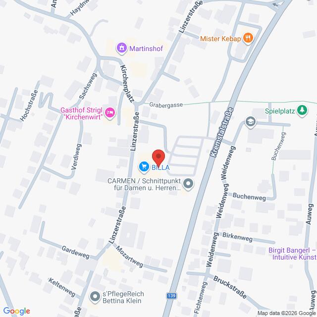 Lehrlingsportal.at Eine digitale Karte zeigt Straßen, Geschäfte und Sehenswürdigkeiten in der Nähe von BILLA in der Linzerstraße in einer Stadt. In der Nähe befinden sich Lokale, Geschäfte und ein Spielplatz, die auf der Karte eingezeichnet sind.