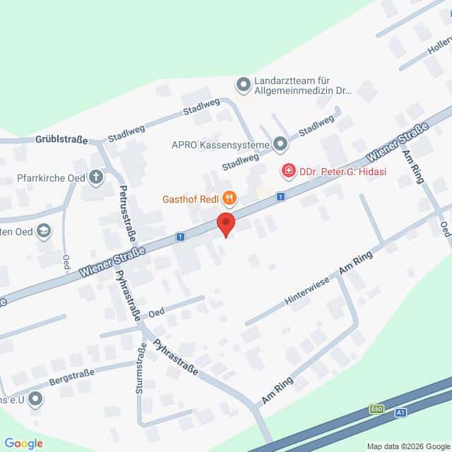 Lehrlingsportal.at Karte eines Abschnitts der Wiener Straße in Oed, Österreich, mit Markierungen für den Gasthof Redl, eine Arztpraxis, und nahe gelegene Straßen und Sehenswürdigkeiten.