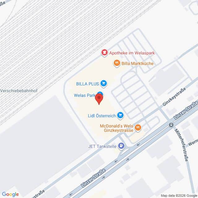 Lehrlingsportal.at Karte mit der Lage des Einkaufszentrums Welas Park in Wels, Österreich, mit Geschäften in der Nähe wie Lidl, BILLA PLUS, McDonald's, Apotheke und JET Tankstelle.
