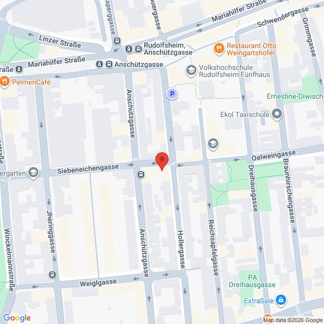 Lehrlingsportal.at Kartenansicht der Kreuzung Anschützgasse und Siebeneichengasse in Wien, Österreich, markiert durch eine rote Stecknadel. Verschiedene nahegelegene Straßen und Wahrzeichen sind markiert.