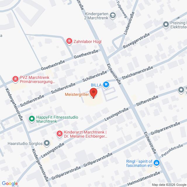 Lehrlingsportal.at Karte mit der Lage von Meistergriller in der Schillerstraße in Marchtrenk, Österreich, mit Beschriftung der umliegenden Geschäfte und Straßen.