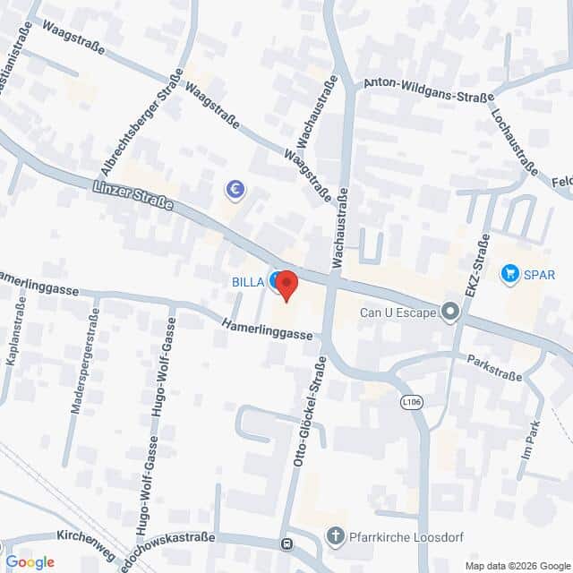 Lehrlingsportal.at Ein Straßenplan, der die Kreuzung Linzer Straße und Hamerlinggasse in einem städtischen Gebiet zeigt, mit Markierungen, die Standorte wie BILLA und SPAR anzeigen.