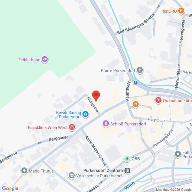 Lehrlingsportal.at Eine Karte, die einen Ausschnitt von Purkersdorf, Österreich, zeigt, mit Markierungen für Orte wie Schloss Purkersdorf, Fussklinik Wien West und Purkersdorf Zentrum.