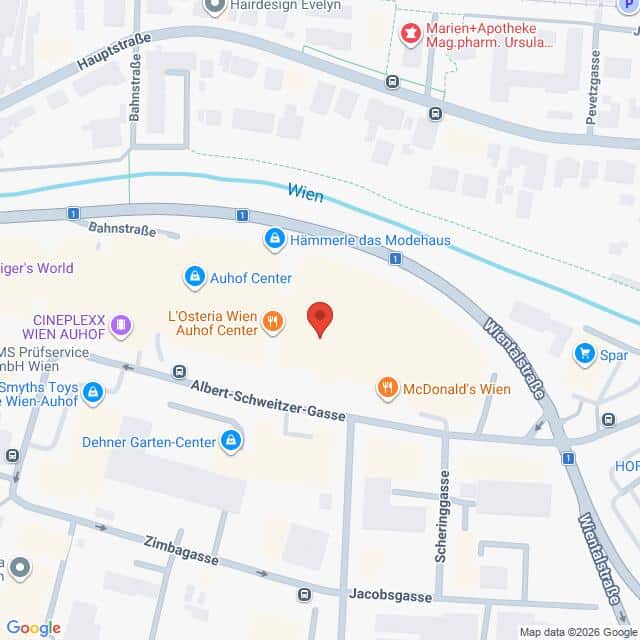 Lehrlingsportal.at Karte der Umgebung des Wien Auhof Centers in Wien, Österreich, mit Beschriftung der umliegenden Geschäfte und Straßen wie Albert-Schweitzer-Gasse und Bahnstraße.