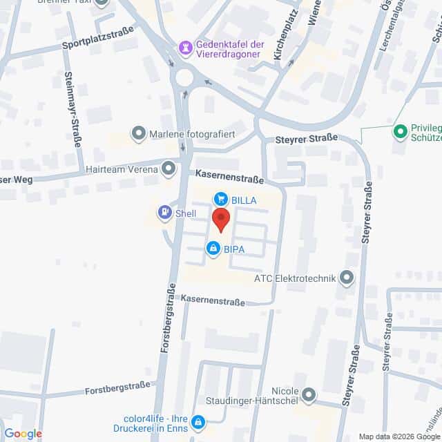 Lehrlingsportal.at Eine Karte, die die Lage von BILLA, BIPA und Shell entlang der Kasernenstraße in Enns, Österreich, zeigt, mit Beschriftung der nahegelegenen Straßennamen und Wahrzeichen.