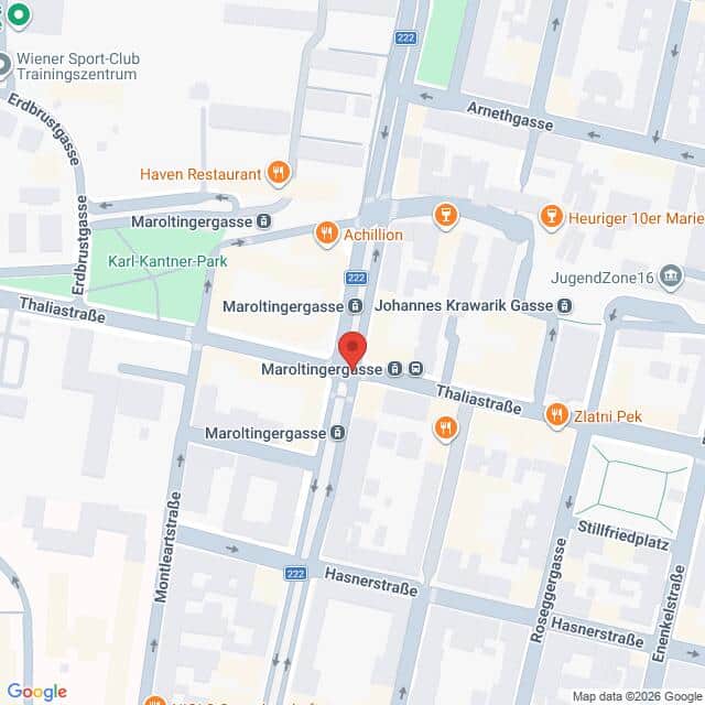 Lehrlingsportal.at Karte der Kreuzung Maroltingergasse, Thaliastraße und Hasnerstraße in Wien, mit Beschriftung der umliegenden Sehenswürdigkeiten und Geschäfte.