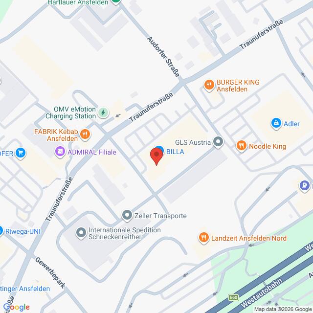 Lehrlingsportal.at Eine Karte zeigt den Standort von BILLA in Ansfelden, Österreich, in der Nähe der Traunuferstraße, mit nahegelegenen Geschäften wie Burger King, Noodle King und FABRIK Kebab.