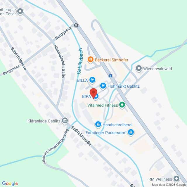 Lehrlingsportal.at Kartenansicht eines Stadtteils in Gablitz mit Standorten wie BIPA, BILLA, Bäckerei Simhofer, Flohmarkt Gablitz, Vitalmed Fitness und verschiedenen Straßen und Einrichtungen.