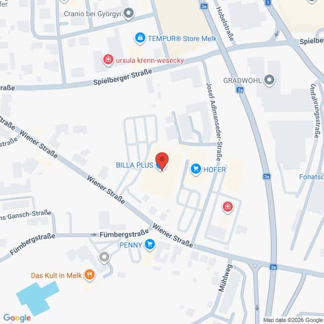 Lehrlingsportal.at Karte mit der Lage von BILLA PLUS und HOFER auf der Wiener Straße in Melk, Österreich, mit Beschriftung der umliegenden Straßen und Geschäfte.