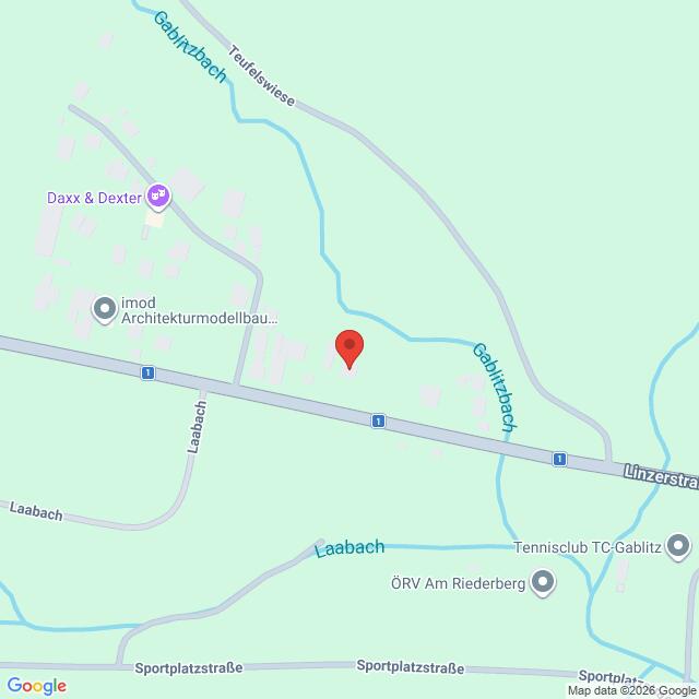 Lehrlingsportal.at Karte mit einer Standortmarkierung in der Linzerstraße bei Gabitzlbach, mit nahegelegenen Sehenswürdigkeiten wie imod Architekturbau und Tennisclub TC Gabitz, sowie mit Beschriftungen der umliegenden Straßen.