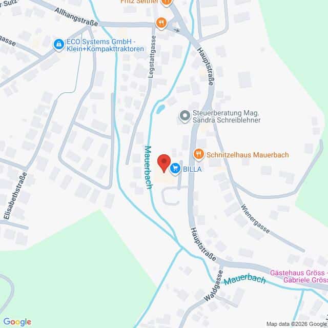 Lehrlingsportal.at Karte eines Teils von Mauerbach, Österreich, mit eingezeichneten Standorten des BILLA-Supermarkts, des Schnitzelhauses Mauerbach und anderer lokaler Geschäfte und Straßen.