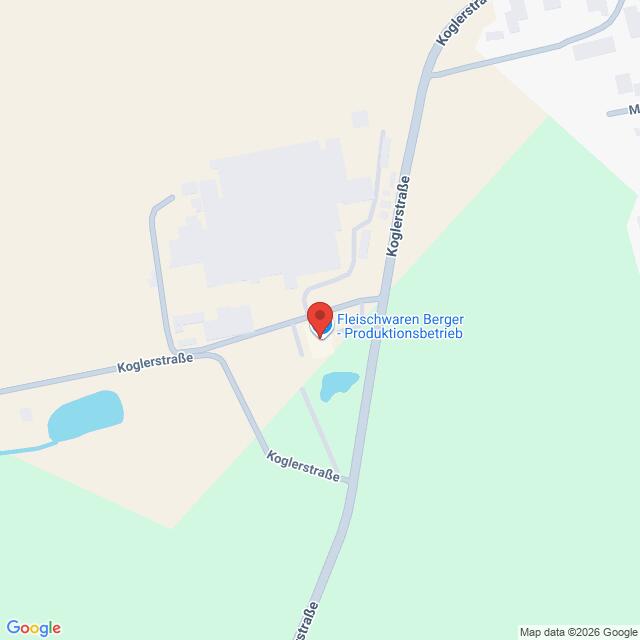 Lehrlingsportal.at Eine Karte mit roter Standortmarkierung "Fleischwaren Berger - Produktionsbetrieb" an der Kreuzung Koglerstraße, umgeben von Straßen und Grünflächen.