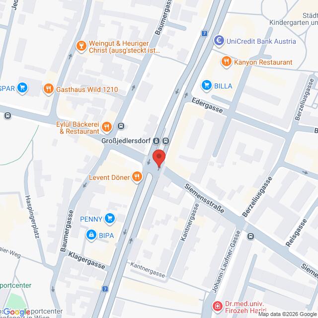 Lehrlingsportal.at Die Karte zeigt eine Straßenkreuzung in Großjedlersdorf, Wien, Österreich, mit mehreren Geschäften und Sehenswürdigkeiten, darunter Bäckereien, Restaurants, Banken und ein Supermarkt.