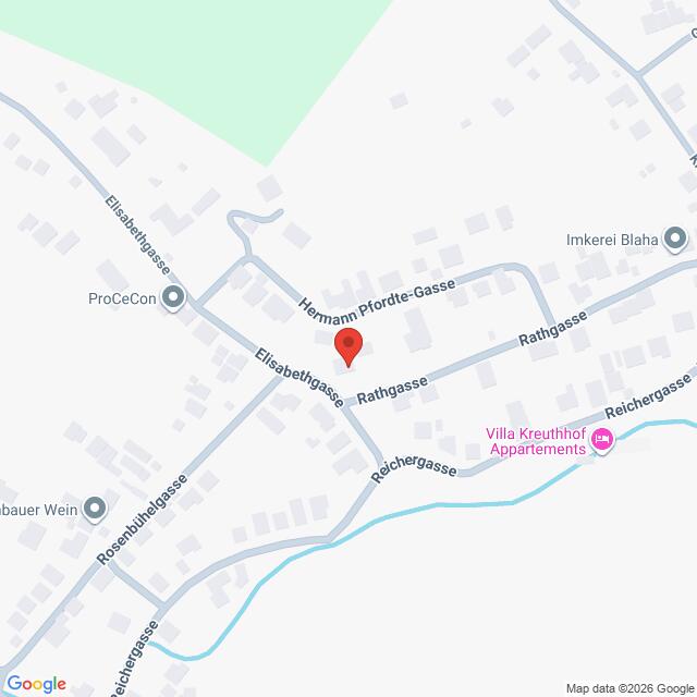 Lehrlingsportal.at Die Karte zeigt die Kreuzung Elisabethgasse, Rathgasse und Hermann Pforte-Gasse in einem Wohngebiet, in dessen Nähe die Villa Kreuthhof Appartements eingezeichnet sind.