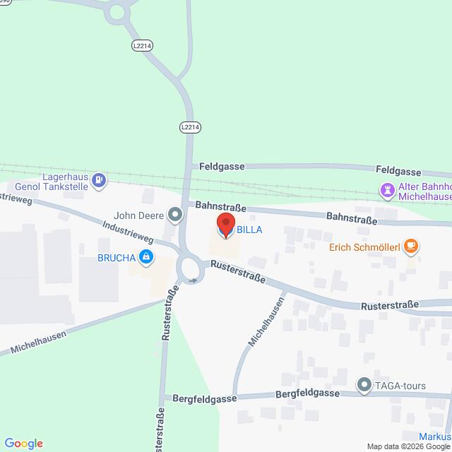 Lehrlingsportal.at Karte der Kreuzung von Bahnstraße, Rüsterstraße und Michelhausenerstraße in Michelhausen, Österreich, mit eingezeichneten Orten wie BILLA und Erich Schmöllerl.