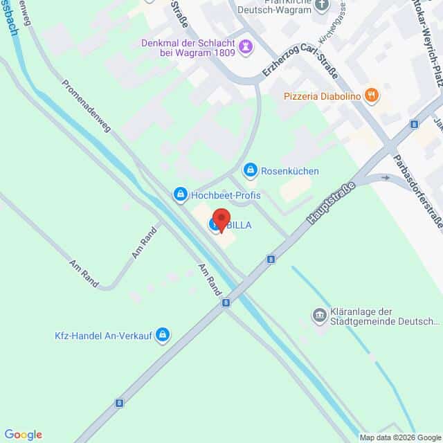 Lehrlingsportal.at Karte mit der Lage von BILLA in der Nähe der Hauptstraße in Deutsch-Wagram, Österreich, mit Markierung der nahe gelegenen Sehenswürdigkeiten und Geschäfte.