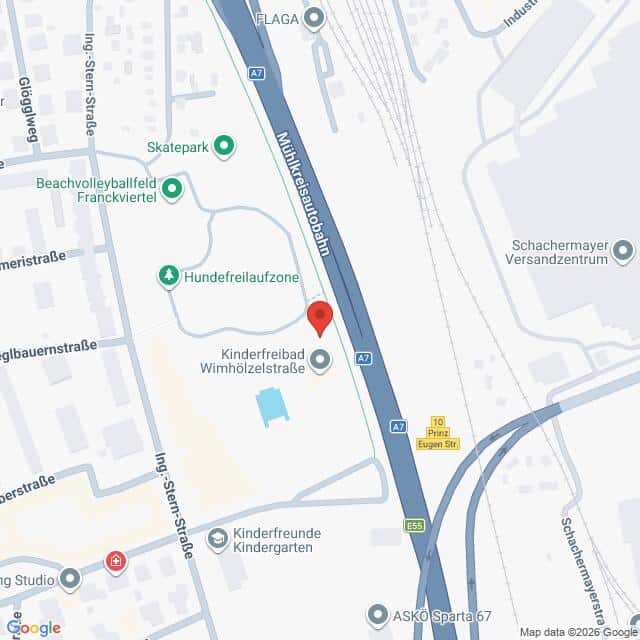 Lehrlingsportal.at Karte der Umgebung der Wiener Wintzelsstraße in der Nähe der Mühlkreis Autobahn, mit Markierungen für einen Skatepark, einen Hundeplatz und einen Kinderspielplatz.