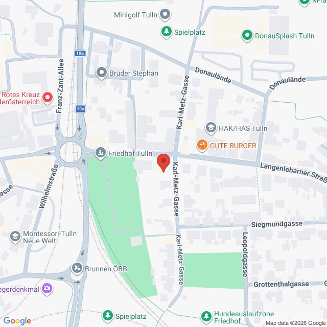 Lehrlingsportal.at Eine Karte mit Straßen und Sehenswürdigkeiten in Tulln, Österreich, mit einem roten Standortpin in der Karl Metz Gasse in der Nähe eines Burger-Restaurants und einer Schule.