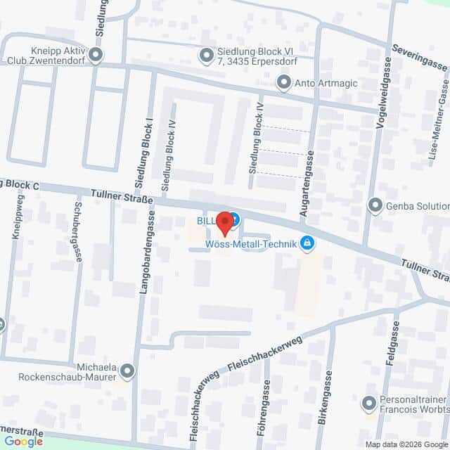 Lehrlingsportal.at Die Karte zeigt den Standort des BILL-Supermarktes in der Tullner Straße, umgeben von verschiedenen Straßen und Geschäften im Bereich Siedlung Block VI, 3435 Erpersdorf, Österreich.