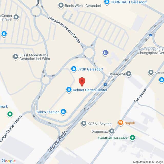 Lehrlingsportal.at Karte mit der Lage des Dehner Garten-Center in Gerasdorf, Österreich, in der Nähe von JYSK Gerasdorf, Takko Fashion und Brunner Straße.