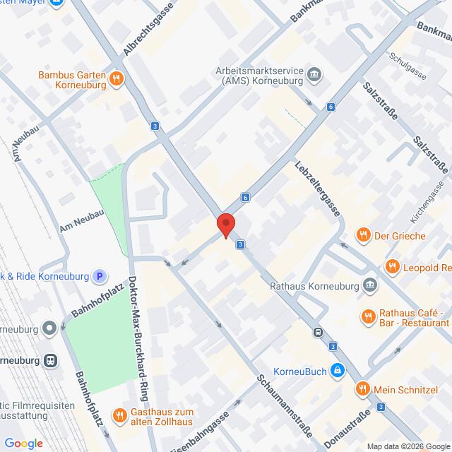 Lehrlingsportal.at Karte mit einem Ausschnitt von Korneuburg, Österreich, mit Straßen, Sehenswürdigkeiten, Restaurants und einer Markierung in der Nähe von Rathaus Korneuburg und Bahnhofplatz.