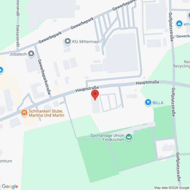 Lehrlingsportal.at Karte mit Hauptstraße in Feldkirchen, Österreich, mit nahegelegenen Orten wie BILLA, Sportanlage Union Feldkirchen und Schmakerl Stube Martina Und Martin.