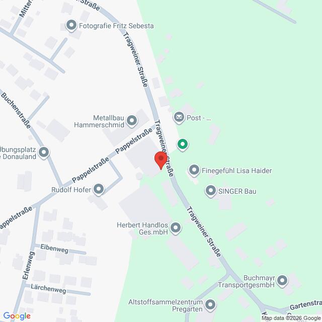 Lehrlingsportal.at Eine Karte, die die Kreuzung Pappelstraße und Tragweiner Straße zeigt und die nahegelegenen Geschäfte und ein Postamt in Pregarten, Österreich, hervorhebt.