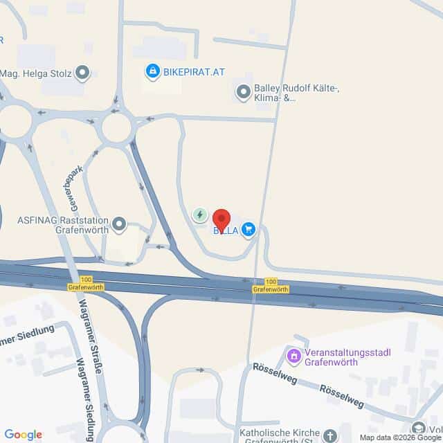 Lehrlingsportal.at Karte mit einem Ausschnitt von Grafenwörth, auf dem Straßen, Kreisverkehre, Geschäfte und Sehenswürdigkeiten eingezeichnet sind, zentriert auf eine Markierung in der Nähe des BILLA-Supermarktes.