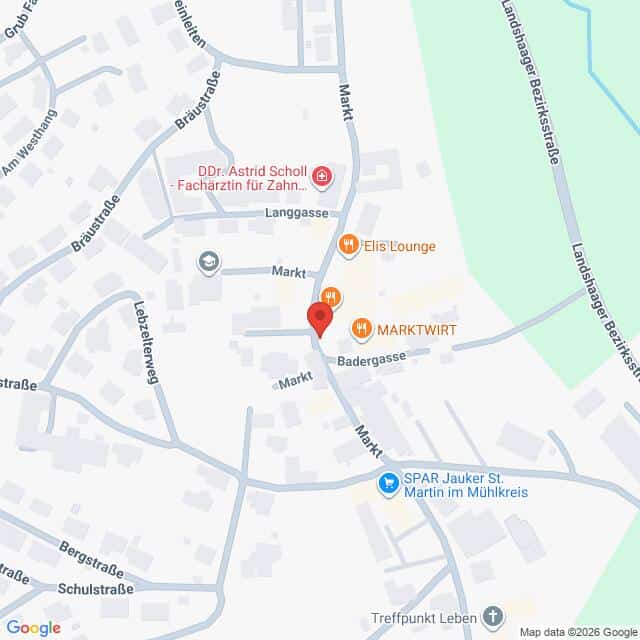 Lehrlingsportal.at Eine Karte mit Straßen und Unternehmen in Sankt Martin im Mühlkreis, Österreich, die Orte wie MARKTWIRT und SPAR Jauker St. Martin im Mühlkreis hervorhebt.