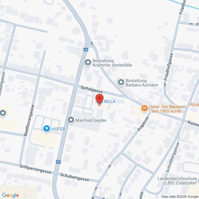 Lehrlingsportal.at Eine Karte, die den Standort von BILLA zeigt, umgeben von Straßen und nahe gelegenen Geschäften wie HOFER und einer Bäckerei in einem städtischen Gebiet.