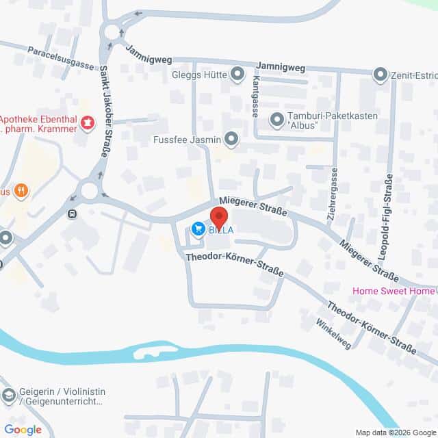 Lehrlingsportal.at Die Karte zeigt die Lage von BILLA in der Miegerer Straße, umgeben von nahegelegenen Straßen und Sehenswürdigkeiten in Ebenthal, Österreich.