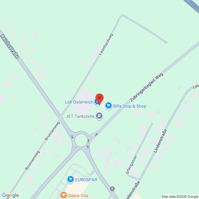 Lehrlingsportal.at Karte mit der Lage von Lidl Österreich, Billa Stop & Shop, JET Tankstelle und EUROSPAR an einer Straßenkreuzung in einem städtischen Gebiet.