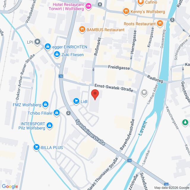 Lehrlingsportal.at Eine Karte, die einen Ausschnitt von Wolfsberg, Österreich, zeigt. Hervorgehoben ist die Gegend um die Ernst-Swatek-Straße mit nahegelegenen Geschäften, Restaurants und dem Fluss Lavant.