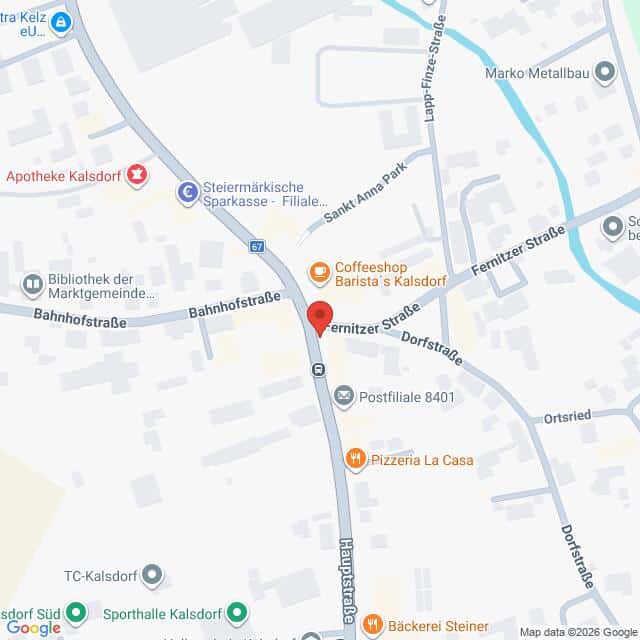 Lehrlingsportal.at Karte eines Teils von Kalsdorf, Österreich, mit eingezeichneten Standorten, darunter ein Coffeeshop, eine Pizzeria, eine Bäckerei und lokale Geschäfte in der Nähe der Hauptstraße und der Bahnhofstraße.