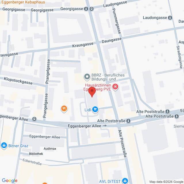 Lehrlingsportal.at Karte mit dem Standort einer Lidl-Filiale in der Eggenberger Allee in Graz, Österreich, mit Beschriftung der umliegenden Straßen und Sehenswürdigkeiten.