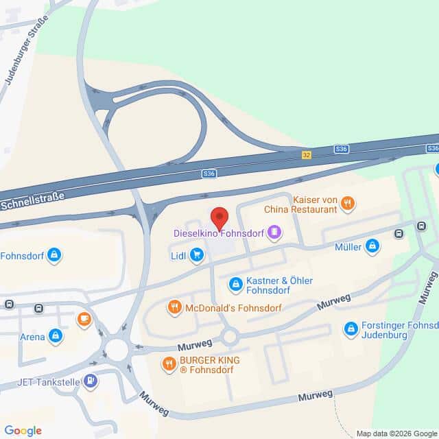 Lehrlingsportal.at Die Karte zeigt die Lage des Dieselkinos Fohnsdorf, umgeben von Geschäften und Restaurants wie Lidl, McDonald's und Burger King, in der Nähe der Schnellstraße S36.