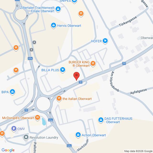 Lehrlingsportal.at Karte eines Teils von Oberwart, Österreich, mit verschiedenen Geschäften wie Burger King, McDonald's, Billa Plus und anderen entlang der Hauptstraßen.