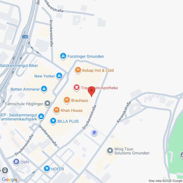 Lehrlingsportal.at Die Karte zeigt einen Ausschnitt von Gmunden, Österreich, mit Markierungen für Traunstein-Apotheke, Brauhaus, Khan House, KEBAP Hot & Cold und andere lokale Unternehmen.