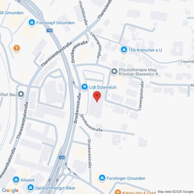 Lehrlingsportal.at Eine Kartenansicht zeigt den Standort von Lidl Österreich in der Druckereistraße in Gmunden, Österreich, mit Beschriftung der umliegenden Straßen und Geschäfte.