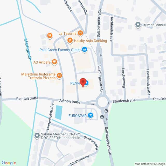 Lehrlingsportal.at Eine Karte mit der Jakobistraße im Zentrum eines Stadtgebiets, auf der Orte wie ein Penn-Supermarkt, EuroSpar, Restaurants und nahe gelegene Straßen eingezeichnet sind.